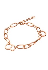 Bracciale a catena in oro rosa con anelli ovali e rotondi alternati, caratterizzato da una chiusura decorativa e un dettaglio sovrapposto unico a forma della lettera "B".