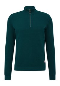 Türkisfarbener Strickpullover mit hohem Kragen, halber Reißverschluss und gerippten Bündchen. Verfügt über einen strukturierten Stoff und ein kleines Markenlabel am Saum.