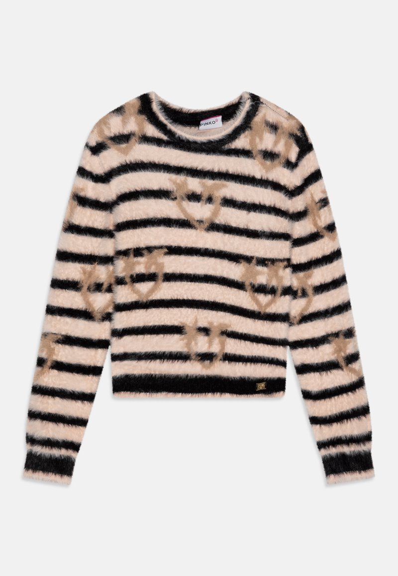 Fuzzy cropped sweater with black and beige horizontal stripes, featuring heart motifs in a soft texture. Gold logo tag at the hem.