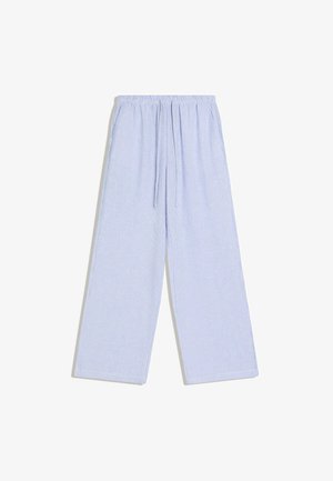 Világoskék és fehér, függőleges csíkos bő szárú nadrág elasztikus derékpánttal és húzózsinóros záródással.