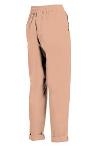 Błyszczące, lekko różowe spodnie bawełniane z elastyczną talią, podwiniętymi mankietami i dwoma bocznymi kieszeniami. Gładka faktura i swobodny krój.
