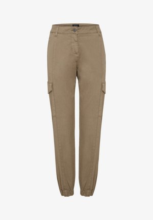 Beige cargo bukser med lige ben og elastiske manchetter, med sidelommer og knaplukning i taljen. Laget av myk, teksturert stoff.