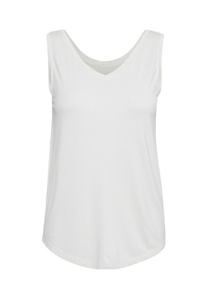 Blusa blanca sin mangas para mujer con escote en V, dobladillo ligeramente redondeado y tejido liso, mostrada sobre un fondo liso.