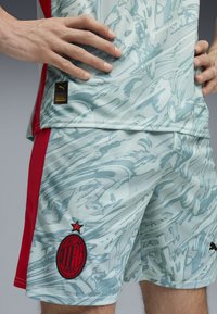 Maglietta blu chiaro con un motivo a spirale e dettagli rossi. Presenta un logo Puma nero e un logo ricamato dell'AC Milan sui pantaloni.