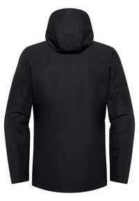Veste waterproof noire avec capuche, caractérisée par une texture lisse, des manches longues et un design minimaliste, sans logos ni motifs visibles.