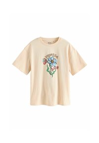 Cremefarvet bomulds t-shirt med korte ærmer og rund hals. Forsiden prydes af et farverigt blomstermotiv med teksten "VIDUNDERLIGE DAGE."