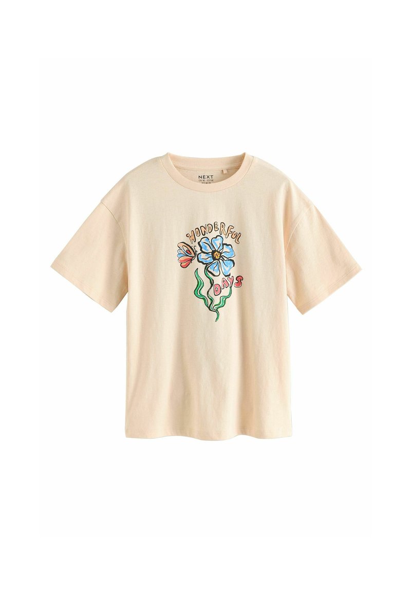 Cremefarvet bomulds t-shirt med korte ærmer og rund hals. Forsiden prydes af et farverigt blomstermotiv med teksten "VIDUNDERLIGE DAGE."
