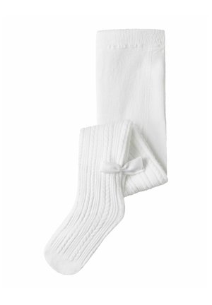 Weiße knielange Socken mit vertikalem Rippmuster und einer Schleifenakzent nah am oberen Ende. Hergestellt aus weichem, dehnbarem Material.
