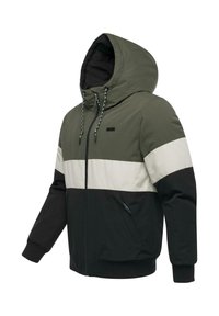 Giacca con cappuccio caratterizzata da un design tricolore in verde oliva, crema e nero. Realizzata in tessuto con una texture liscia e polsini elastici.