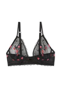 Bralette en maille noire avec broderie florale rose, bords festonnés et bretelles réglables. Le motif texturé crée un effet superposé.