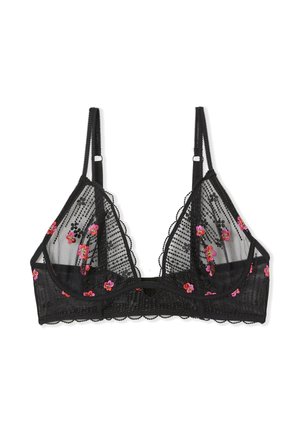 Zwarte mesh bralette met florale borduursels in het roze, gekartelde randen en verstelbare bandjes. Textuurpatroon creëert een gelaagd effect.