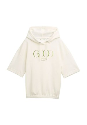 Sweatshirt à manches courtes et à capuche en tissu écru. Présente une finition texturée et un imprimé graphique vert avec l'inscription "BONNES SENSATIONS". Élastique au niveau de l'ourlet.