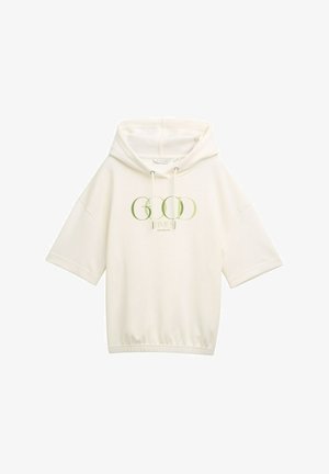 Kortärmad, luvtröja i offwhite tyg. Har en strukturerad yta och ett grönt grafiskt tryck med texten "GOOD TIMES". Elastisk i nederkant.