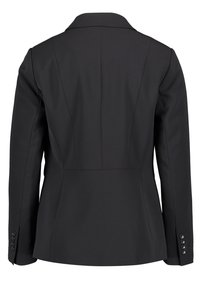 Blazer noir cintré avec manches longues, coutures structurées, col et poignets boutonnés, vu de dos.