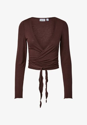 Brun långärmad omlott-topp med djup V-ringning och knytning framtill. Tillverkad av mjukt, lätt tyg med en figurnära silhuett.