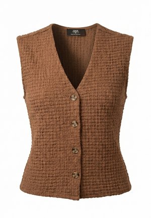 Chaleco marrón texturizado sin mangas con botones, cuello en V y cuatro botones redondos en la parte delantera.