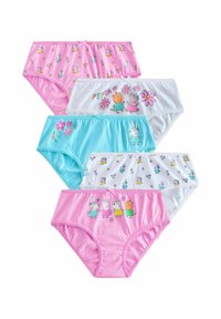 Cinque paia di mutandine per bambini in vari colori: rosa, blu e bianche con illustrazioni di personaggi dei cartoni animati e motivi floreali.