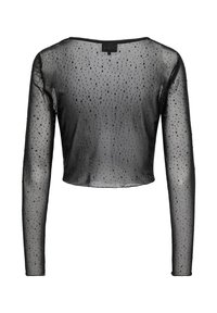 Μαύρο crop top με μακριά μανίκια κατασκευασμένο από διάφανο ύφασμα, με πουά σχέδιο και μικρές γυαλιστερές λεπτομέρειες. Απλή στρογγυλή λαιμόκοψη.