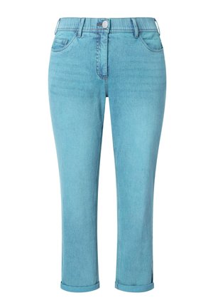 Light blue cropped jeans with rolled hems, front button closure, belt loops, and front pockets, shown on a white background.