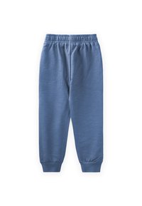 Blaue Hose aus weichem Stoff mit elastischem Bund, umgeschlagenen Säumen und einer glatten Textur in einer hellen, einfarbigen Optik.