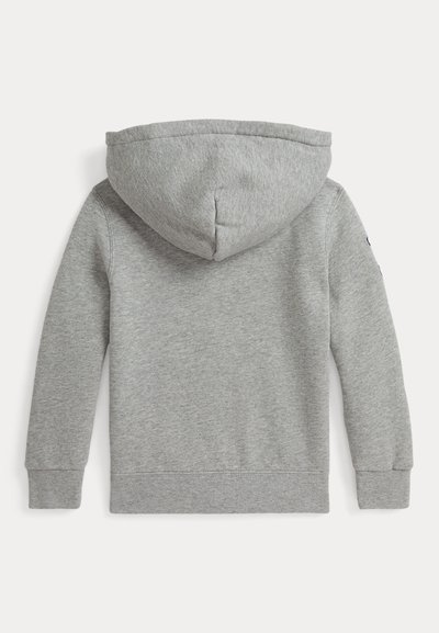 Grå hettegenser med snøring i hetten, ribbede mansjetter og nederkant. Laget av myk stoff og har et enkelt, sømløst bakdesign.