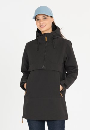 Black waterproof pullover jacket featuring a half-zip front, adjustable hood, and two side pockets with brown drawstring details.