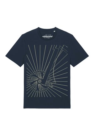 Navy blue t-shirt with a light line art print of a bicycle crank and pedal with radiating lines on the front center.