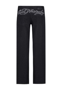 Black denim jeans with a straight cut, featuring white embroidered branding on the back waistband and two rear pockets.