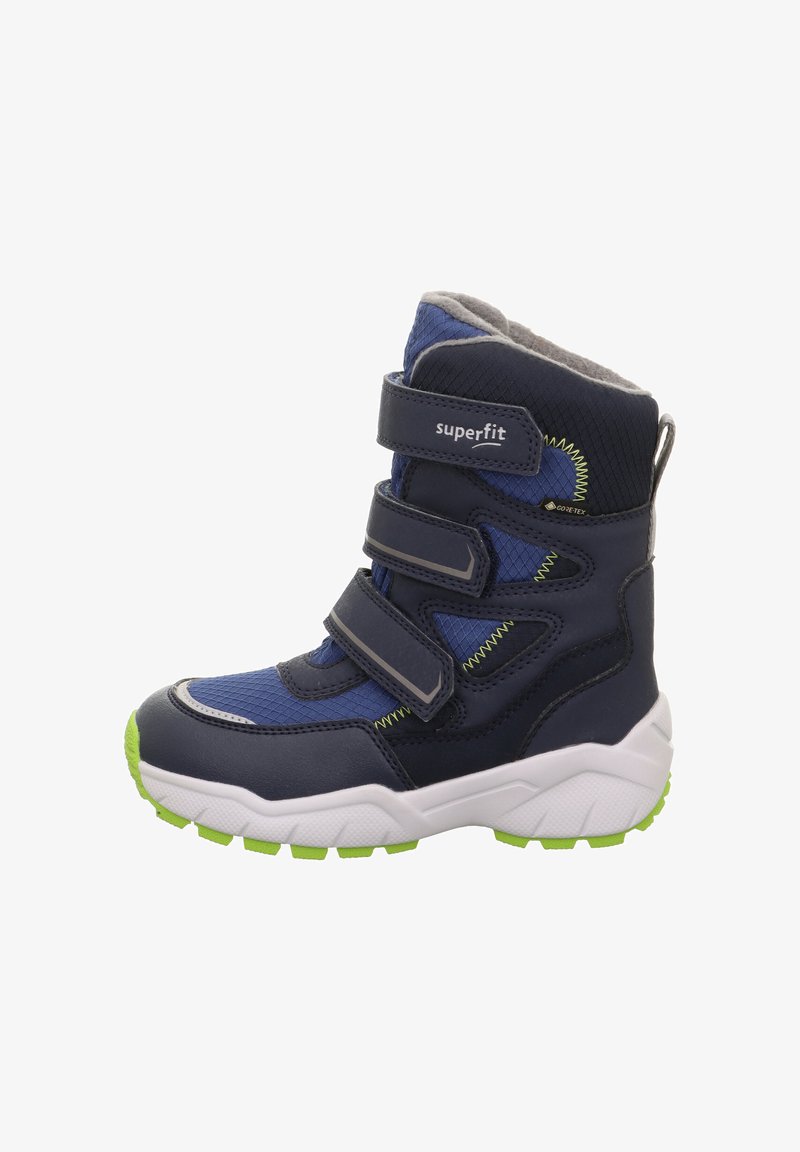 Stivale invernale navy con accenti grigi, cinturini a strappo, pannelli testurizzati, suola in gomma e battistrada verde brillante. Fodera morbida per il comfort.