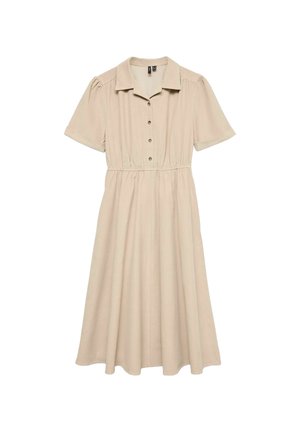 Beige midi-klänning med korta ärmar, krage, knappstängning fram och indragen midja, uppvisad på en vit bakgrund.