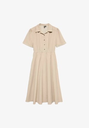 Beżowa midi sukienka z krótkimi rękawami, kołnierzykiem, zapinana na guziki z przodu i z marszczonym pasem, zaprezentowana na białym tle.