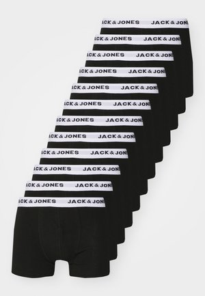 Boxer-briefs noirs empilés verticalement, avec des ceintures élastiques blanches portant l'inscription "JACK & JONES". Tissu doux et conception ajustée.