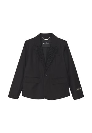 Blazer nero con risvolto nero testurizzato, due tasche frontali, chiusura a singolo bottone e un'etichetta sulla manica. Design aderente.