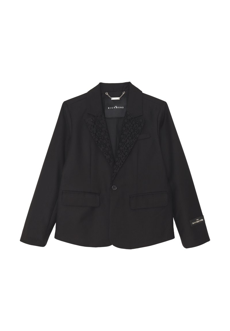 Blazer nero con risvolto nero testurizzato, due tasche frontali, chiusura a singolo bottone e un'etichetta sulla manica. Design aderente.