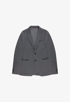 Grijs-wit gestreepte herenblazer met inkeping revers, twee knopen aan de voorkant en drie opgestikte zakken, weergegeven op een witte achtergrond.