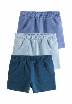 Drei Paar Kinder-Shorts mit elastischem Bund in Blau, Hellblau und Marineblau, vertikal gestapelt mit sichtbaren Vorderseiten-Taschen.