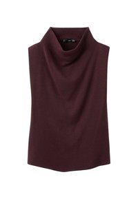 Top senza maniche di un profondo bordeaux in maglia con scollo a cowl morbido, presentato piatto su sfondo bianco.
