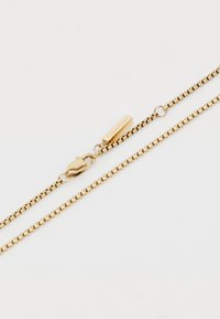 Collar de cadena de oro con un diseño de eslabones alternos, que cuenta con un cierre de langosta y una etiqueta grabada con "Calvin Klein". Textura suave, acabado brillante.