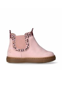 Stivaletti alla caviglia in suede rosa con dettagli in stampa leopardata, pannelli laterali elasticizzati e suola in gomma marrone texturizzata. Taglio loop sul retro.