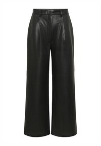 Pantalons larges noirs en cuir perforé, dotés de plis avant et d'une taille, avec une texture lisse et une coupe décontractée.