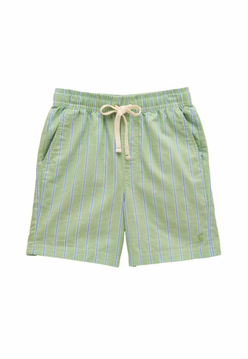 Shorts vert clair avec des rayures verticales blanches et bleues, taille élastique, cordon de serrage et poches latérales.