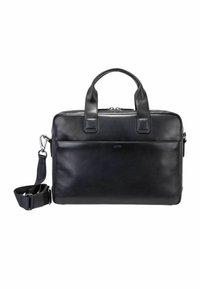 Schwarze Lederaktentasche mit zwei oberen Griffen und abnehmbarem Schulterriemen. Sie verfügt über eine glatte Textur und einen Reißverschluss sowie eine vordere Tasche.