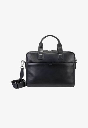 Schwarze Lederaktentasche mit zwei oberen Griffen und abnehmbarem Schulterriemen. Sie verfügt über eine glatte Textur und einen Reißverschluss sowie eine vordere Tasche.
