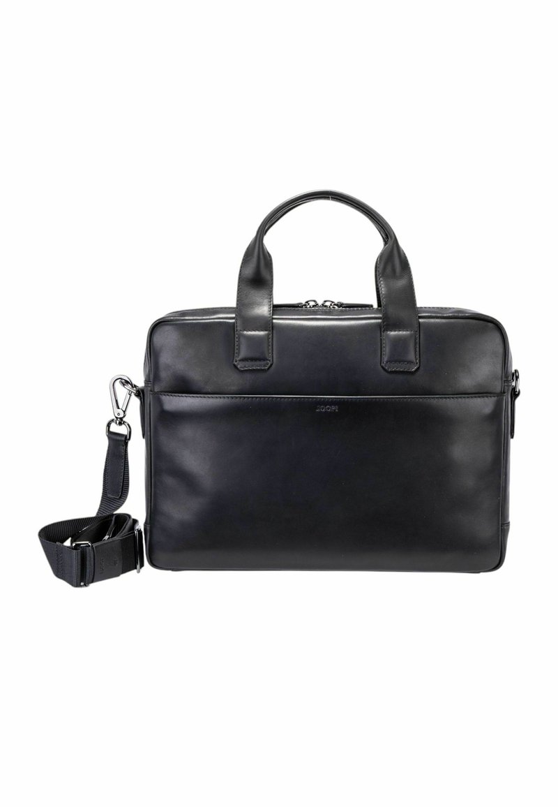 Schwarze Lederaktentasche mit zwei oberen Griffen und abnehmbarem Schulterriemen. Sie verfügt über eine glatte Textur und einen Reißverschluss sowie eine vordere Tasche.