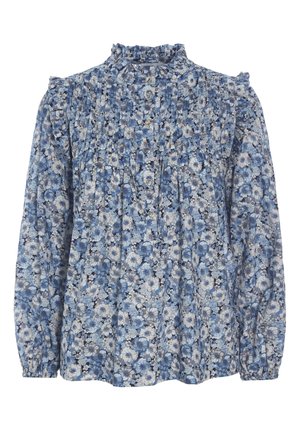 Langærmet bluse med blå og hvide blomsterprint, høj flæset krave, knapper foran, plisserede detaljer og elastiske manchetter.