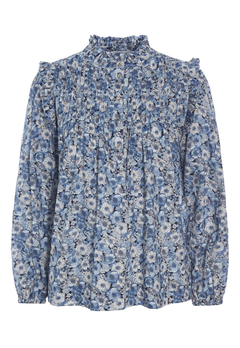 Blouse à manches longues avec motif floral bleu et blanc, col montant à volants, boutons sur le devant, détails plissés et poignets élastiques.