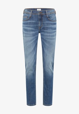 Svetlo modré denimové džínsy so srsťou, päť vreciek, jemný efekt vyblednutia a oranžové švy.