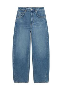 Jeans blu a vita alta, a gamba larga, con tasche frontali e chiusura a bottone, esposti in piano su uno sfondo bianco.