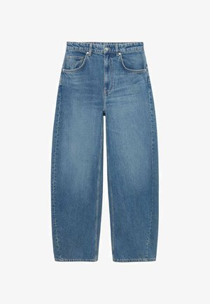 Blå högmidjade vida jeans med framfickor och knäppning, uppvisade liggande på en vit bakgrund.