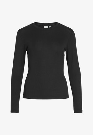 Sort langærmet t-shirt lavet af glat stof, med rund halsudskæring og tætsiddende design. Ingen synlige mønstre eller accenter.